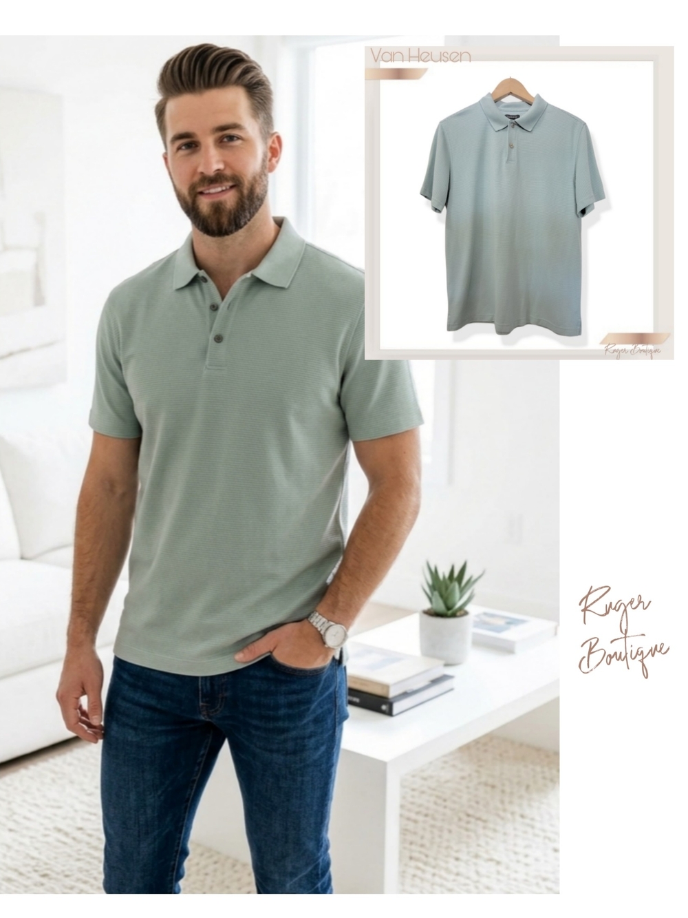 🌿Van Heusen Mens Medium Sea Green Striped Polo Shirt